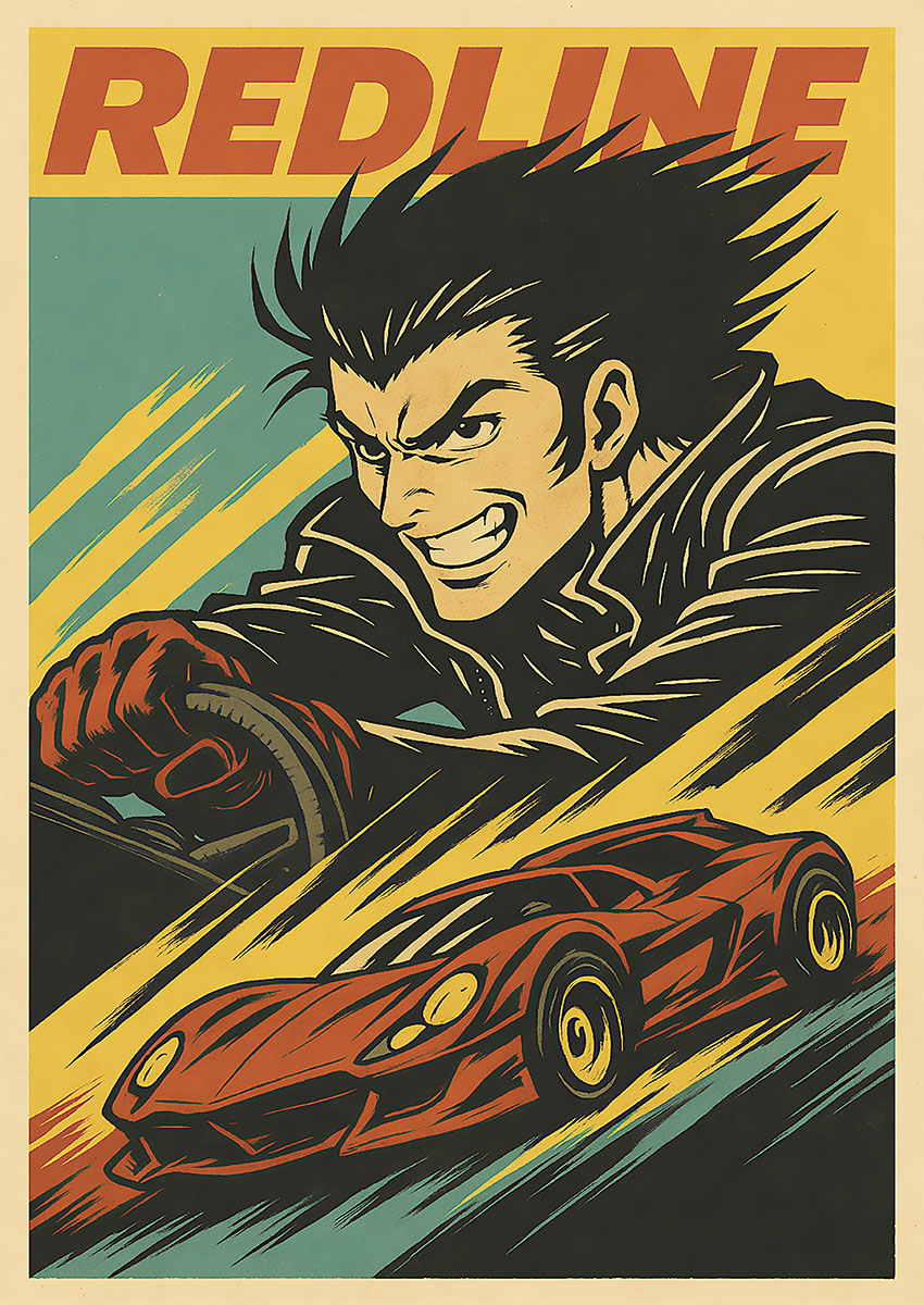 Dynamic artwork of a Redline style speed racer with a driver speeding through vibrant colours.